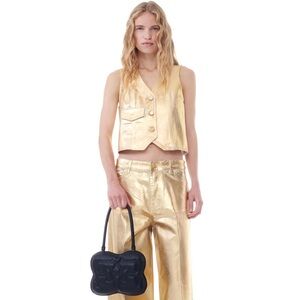 NWT GANNI Gold Foil Denim Vest in Organic Cotton Egret Sz 38